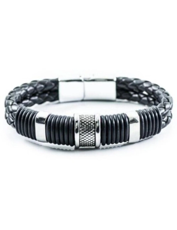 Retro Fashion Personality Double Woven Leather Bracelet Stainless Steel Magnet Buckle Bracelet- Silver, hi-res image number null