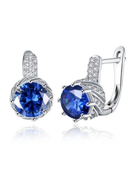 Zircon Earring Blue Round Diamond Romantic Wind Earring Clip- Silver