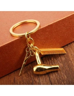 Unique Hair Dryer Comb Scissor Style Alloy Key Chain- Golden