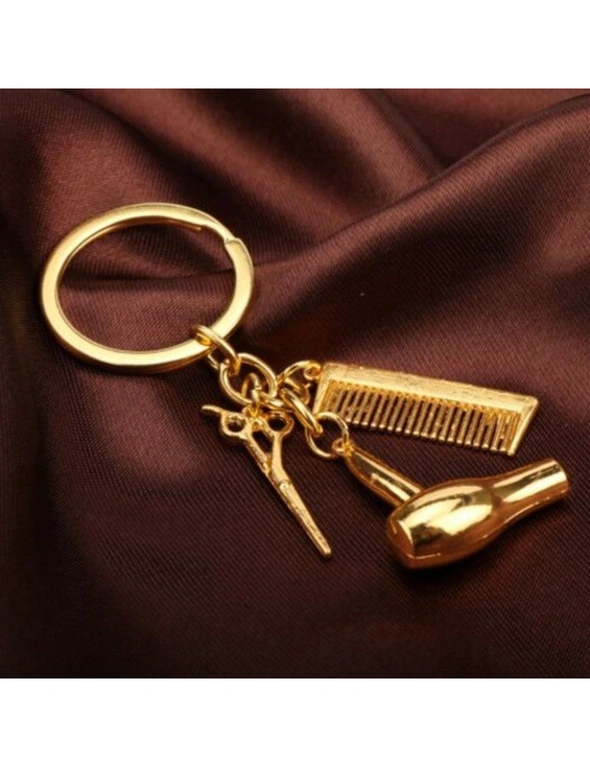 Unique Hair Dryer Comb Scissor Style Alloy Key Chain- Golden, hi-res image number null