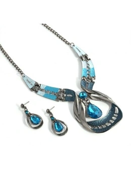Vintage Blue Water Drop Earrings Necklace Set- Dodger Blue