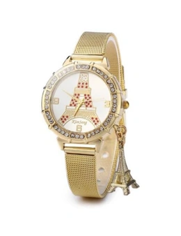 Kimseng Lady Golden Steel Net Strap Eiffel Tower Diamond Quartz Watch- Red