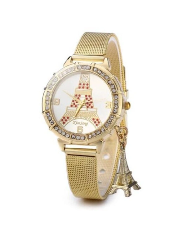 Kimseng Lady Golden Steel Net Strap Eiffel Tower Diamond Quartz Watch- Red, hi-res image number null