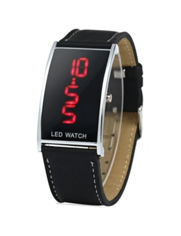 Led Watch With Red Digital Date Display Leather Band- Black