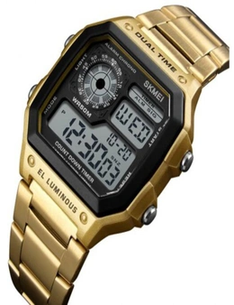Skmei Men Sportswaterproof Watch Stainless Steel Fashion Digital Wristwatches- Gold