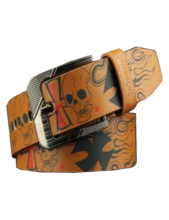 Skull Pattern Men's Belt Punk Style Pin Buckle Waistband- Brown, hi-res image number null
