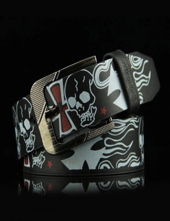 Skull Pattern Men's Belt Punk Style Pin Buckle Waistband- Brown, hi-res image number null
