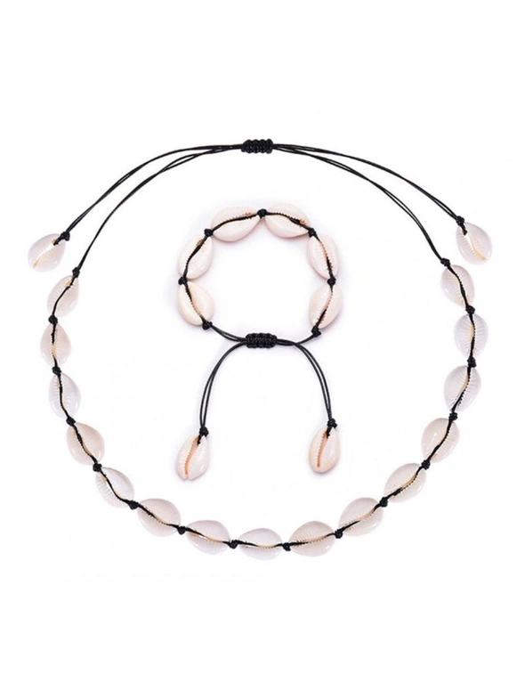 Bohemian Style Natural Shell Hand Knitting Necklacebracelet Black - Shell Set, hi-res image number null