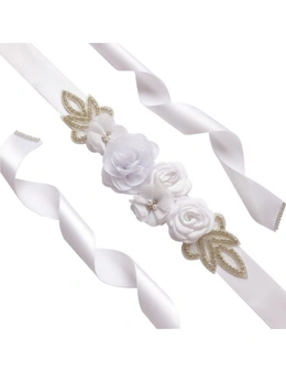 Elegant Rose Flowers Shape Pearl Beads Waist Belt For Bridesmaid Bride Dress White270cm