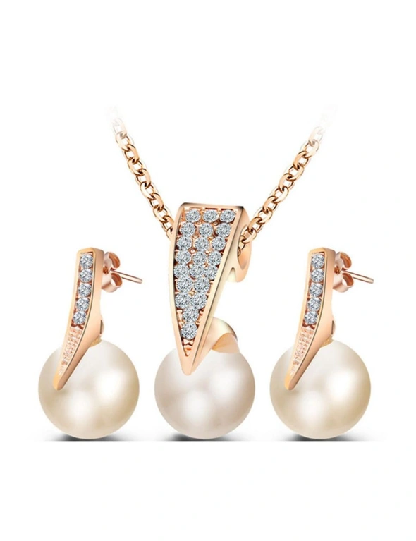 Fashion Lady Pearl Clear Crystal Rose Gold Necklace Earrings Set, hi-res image number null