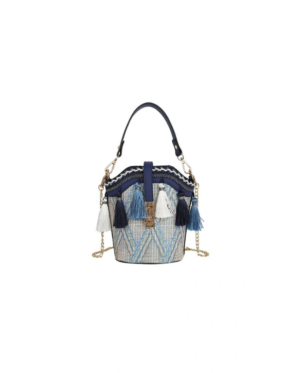 Fashion Shell Bucket Bag Tassel Straw Beach Bag Ladies Shoulder Messenger Bag Handbag Chain Small Bag-Blue - Blue, hi-res image number null