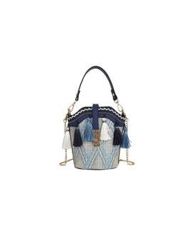 Fashion Shell Bucket Bag Tassel Straw Beach Bag Ladies Shoulder Messenger Bag Handbag Chain Small Bag-Blue - Blue