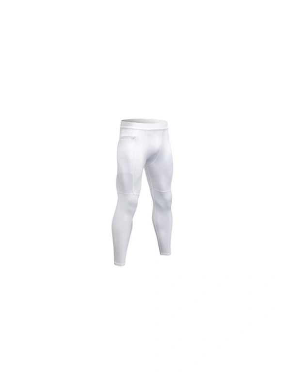 Men's Compression Pants Pocket Baselayer Cool Dry Ankle Leggings Active Tights - White, hi-res image number null