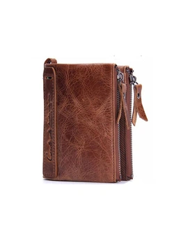 Mens Faux Leather Wallet Double Zipper Pocket Wallet Purse - Brown