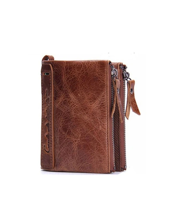 Mens Faux Leather Wallet Double Zipper Pocket Wallet Purse - Brown, hi-res image number null