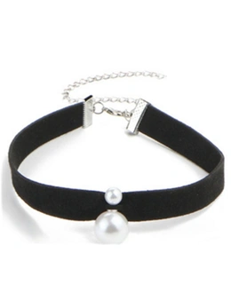 Fashion Faux Leather Black Ribbon Choker With Simulated Pearl Pendant