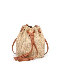 Shoulder Bag Summer Beach Bag Girls Fashion Top Handle Handbag Double Fringed Bucket Bag Messenger Bag-Brown - Brown