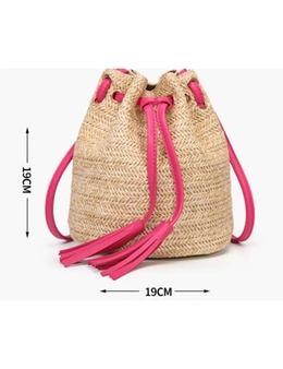 Shoulder Bag Summer Beach Bag Girls Fashion Top Handle Handbag Double Fringed Bucket Bag Messenger Bag-Red - Pink