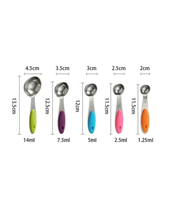 5Pcs Kitchen Baking Tool Measuring Spoon Set Stainless Steel Silicone Handle Cake Measuring Spoon, hi-res image number null