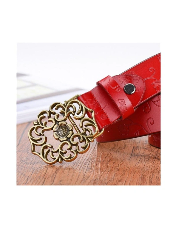 Women's Leather Belt Carved Ladies Pure Retro Leather Belt, hi-res image number null