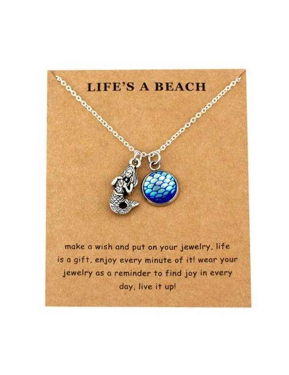 Lucky Fortune Wish Pendant Necklaces - Life's A Beach - Mermaid With Purple/White Scales, hi-res image number null