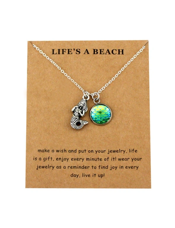Lucky Fortune Wish Pendant Necklaces - Life's A Beach - Mermaid With Purple/White Scales, hi-res image number null