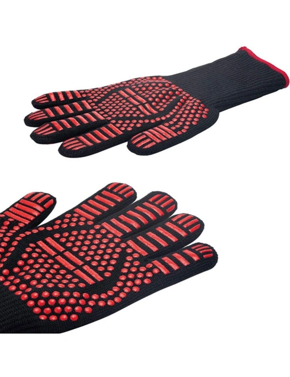 1 Pair Red Stripe Bbq Gloves Heat Resistant Oven Fireproof Flame Retardant Barbecue Cooking Microwave Gloves Bbq Tool - One Size, hi-res image number null