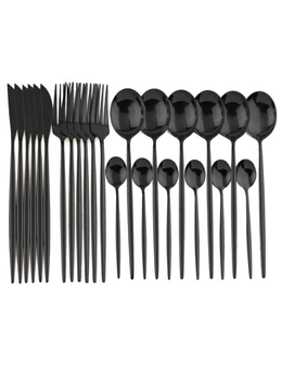24Pcs Stainless Steel Cutlery Set Fork Knife Spoon Tableware Flatware - Black