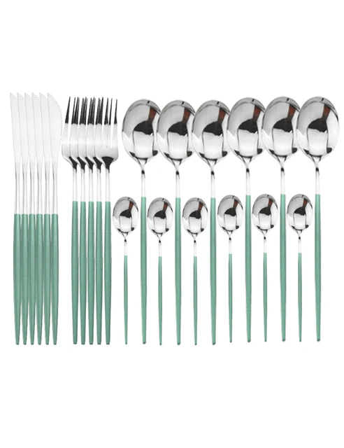 24Pcs Stainless Steel Cutlery Set Fork Knife Spoon Tableware Flatware - Black, hi-res image number null