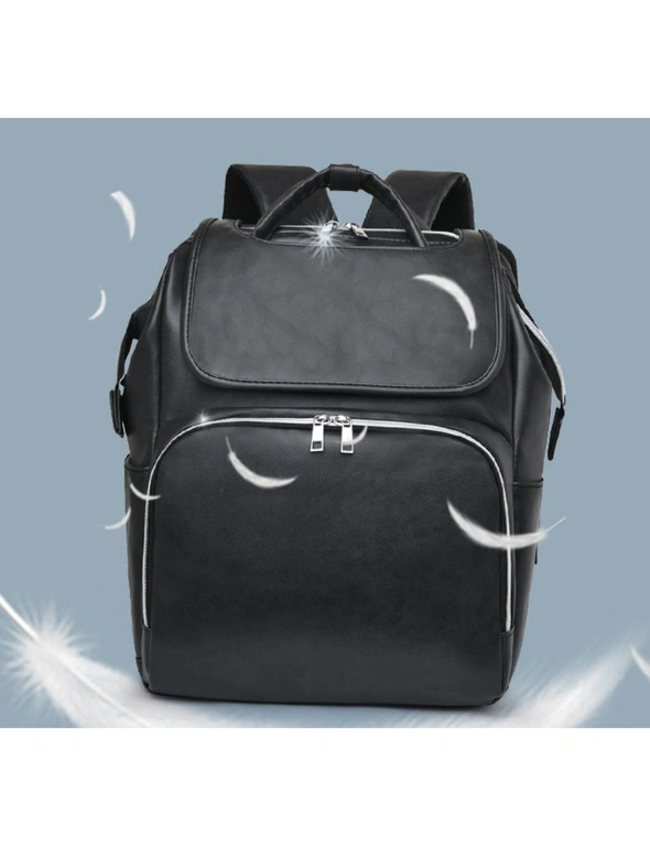 Faux Leather Nappy Bag Mummy Backpack Stroller Storage - Black, hi-res image number null