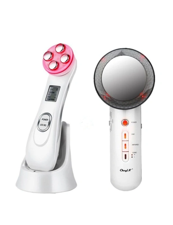 2Pcs/Set Electric Rf Facial Massager Machine Wrinkles Removal + Ultrasonic Infrared Facial Body Slimming Massager Weight Loss (White) - One Size, hi-res image number null