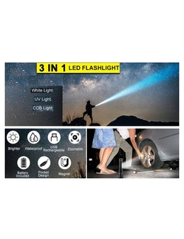 7 Modes Waterproof Rechargeable Uv Light Flashlight Torch For Camping - One Size