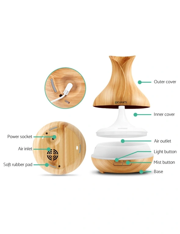 Devanti 400Ml In 1 Aroma Diffuser Remote Control - Light Wood - One Size, hi-res image number null