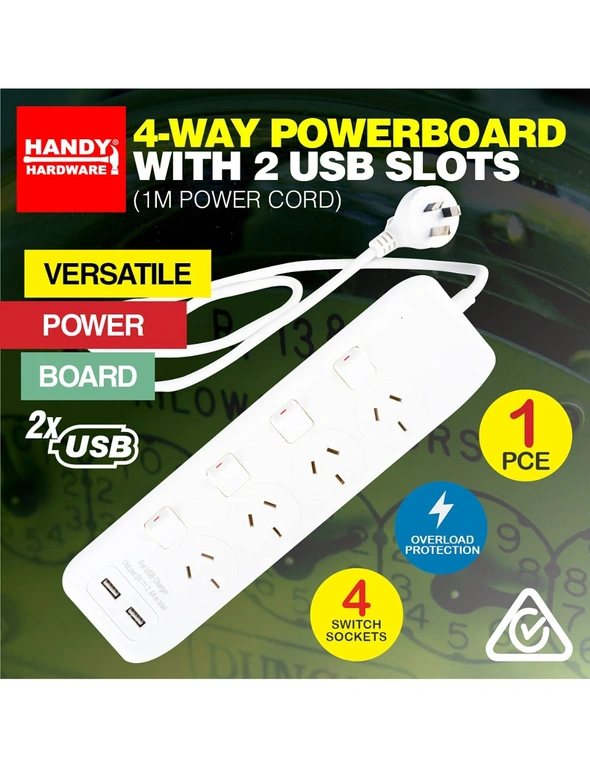 Handy Hardware Power Board 4 Way Switch Sockets 2 x USB Slots 240V, hi-res image number null