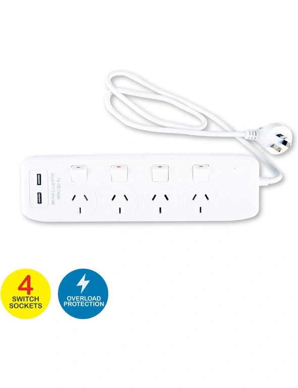 Handy Hardware Power Board 4 Way Switch Sockets 2 x USB Slots 240V, hi-res image number null