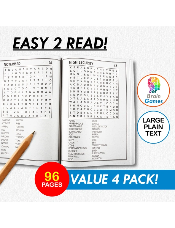 Office Central  4PK Word Search Activity Books A4 Brain Games Fun Over 86 Puzzles Per Book, hi-res image number null