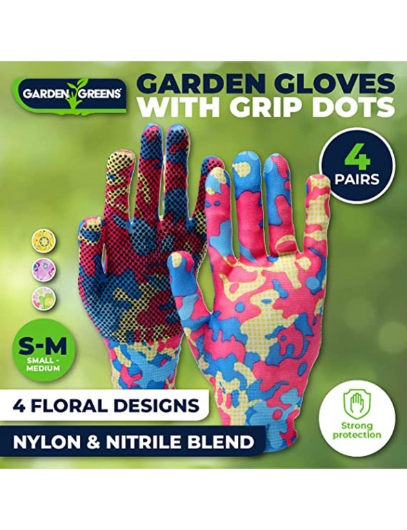 Garden Greens 4PCE Garden Gloves Grip Dots Floral Designs Durable S/M Size Nylon & Nitrile Blend, hi-res image number null