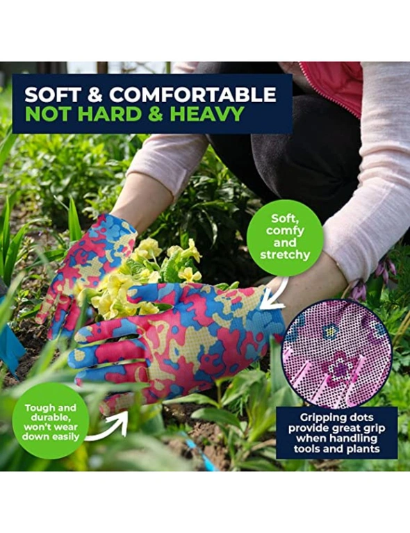Garden Greens 4PCE Garden Gloves Grip Dots Floral Designs Durable S/M Size Nylon & Nitrile Blend, hi-res image number null