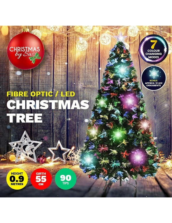 Christmas By Sas SAS 90cm Fibre Optic/LED Christmas Tree 90 Tips Multicolour Star & Ornaments, hi-res image number null