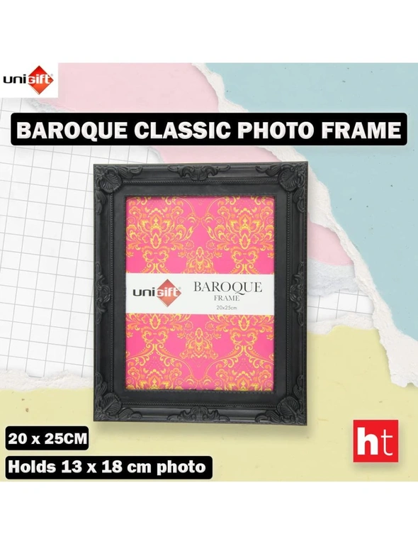 Unigift Baroque 20x25cm Classic Photo Frame - black Self-standing Decorative border MDF/glass Table Top display Ornate Chic Picture poster Gallery and Wall Art home office decor, hi-res image number null
