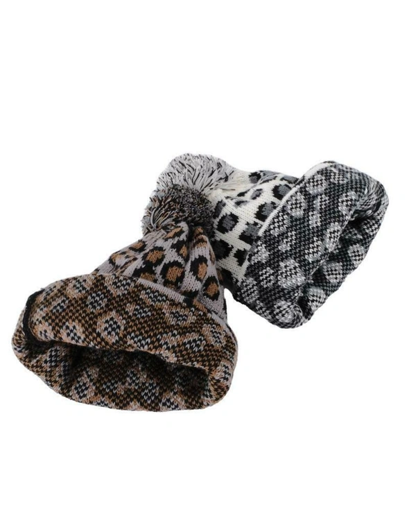 Soft & Cosy  3PK Beanie Women Heat Control Thermal Lined Cuff Animal Print Black - Pink&White, hi-res image number null