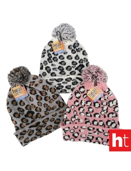 Soft & Cosy  3PK Beanie Women Heat Control Thermal Lined Cuff Animal Print Black - Pink&White