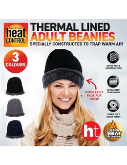 Soft & Cosy  3Pk Beanie Adults Heat Control Thermal Lined Slouch Fringe Faux Fur Black -  Grey