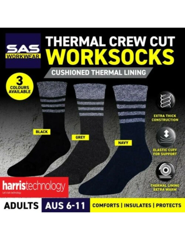 SAS Workwear Socks Mens 3 Pairs Workwear Thermal Stripes Crew Cut Black -  Navy & Grey, hi-res image number null