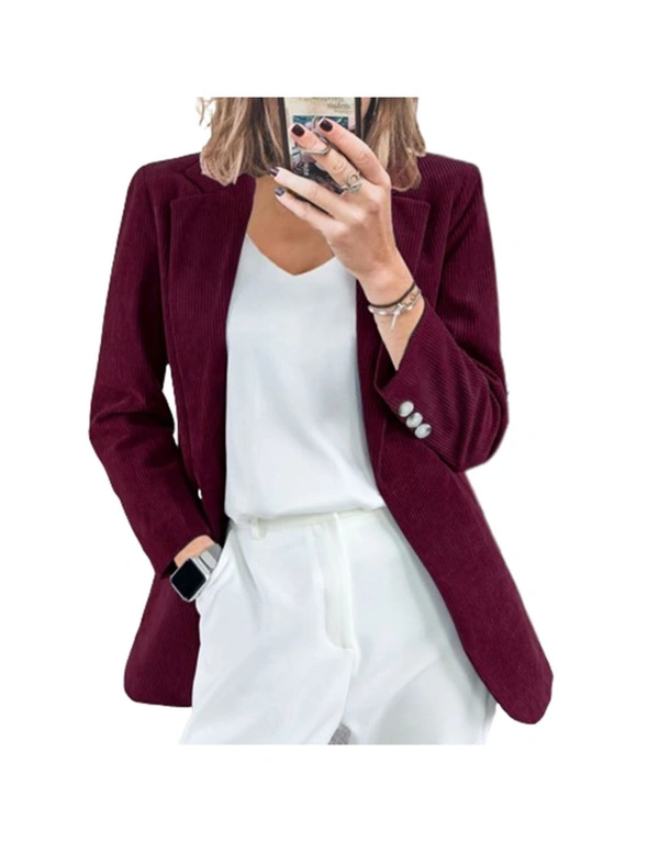 Corduroy Blazer Jacket with Button - Wine Red, hi-res image number null