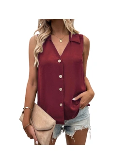 Womens Sleeveless Collar Tank Shirt - Wine Red