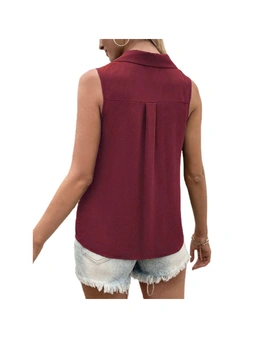 Womens Sleeveless Collar Tank Shirt - Wine Red