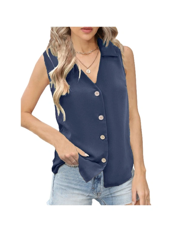 Womens Sleeveless Collar Tank Shirt - Navy Blue