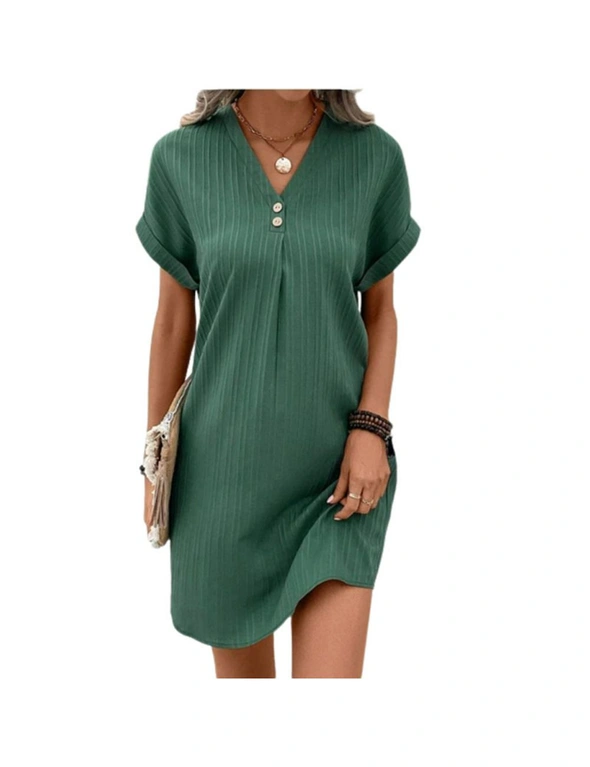 V-Neck Plain Colour Pullover Dress with Button - Green, hi-res image number null