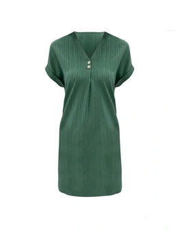 V-Neck Plain Colour Pullover Dress with Button - Green